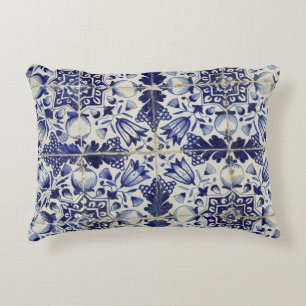 Vintage Geometric Blue White Tile Pattern Accent Pillow