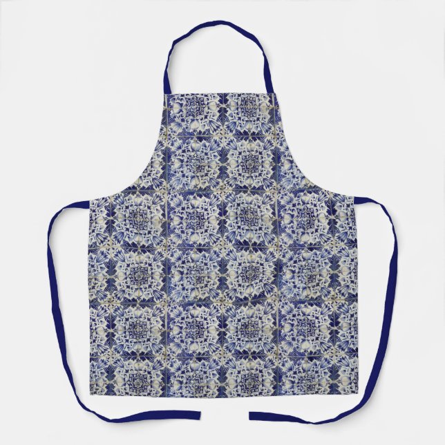 Vintage Geometric Blue White Tile Pattern Apron (Front)