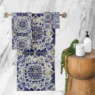 Vintage Geometric Blue White Tile Pattern Bath Towel Set
