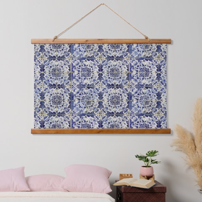 Vintage Geometric Blue White Tile Pattern Hanging Tapestry (Bedroom)