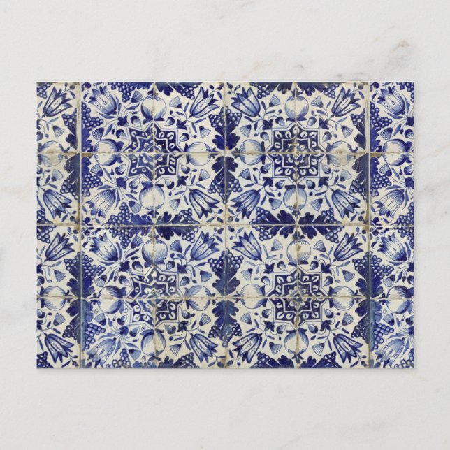 Vintage Geometric Blue White Tile Pattern  Holiday Postcard (Front)