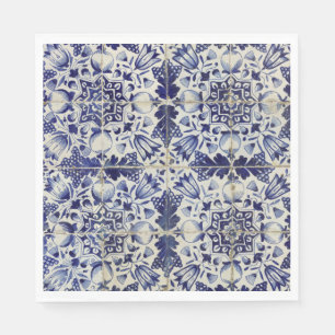 Vintage Geometric Blue White Tile Pattern Napkin
