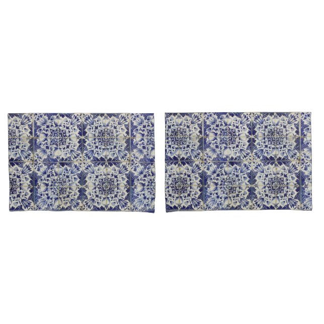 Vintage Geometric Blue White Tile Pattern  Pillowcase (Front-Set)