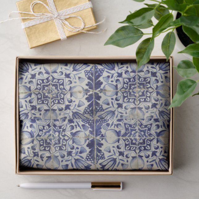 Vintage Geometric Blue White Tile Pattern Tissue Paper (Gift)