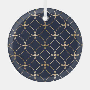 Vintage Geometric: Gold Blue Abstract Glass Ornament