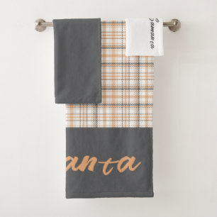 Vintage geometric grey orange white name bath towel set