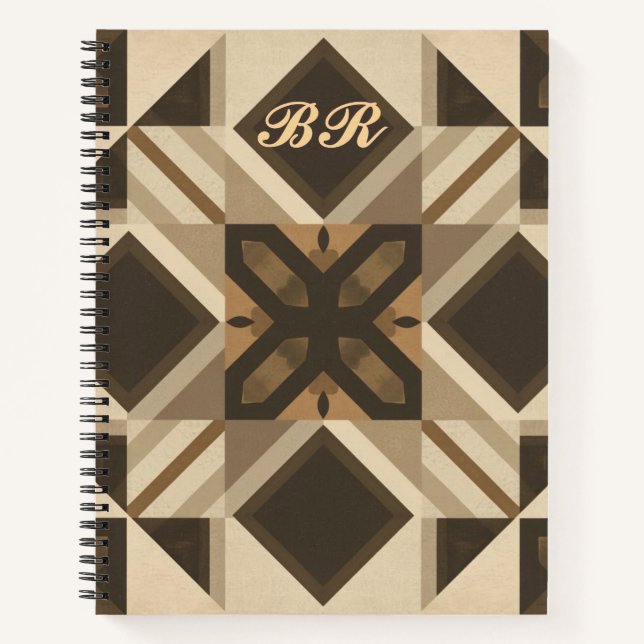 vintage Geometric Quilt Block Art monogramed Notebook (Front)