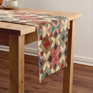 vintage Geometric Quilt Block Art Pattern Short Table Runner