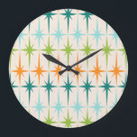 Vintage Geometric Starbursts Round Wall Clock<br><div class="desc">Vintage. Geometrics. Starbursts. If you love any of those words, this retro Vintage Geometric Starbursts Wall Clock is for you. This mid century modern design features a cream background with rows of turquoise, lime green, orange, and teal starbursts. This mod design pairs beautifully with Strange Little Onion’s Retro Atomic Mobile...</div>
