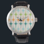Vintage Geometric Starbursts Watch<br><div class="desc">Vintage. Geometrics. Starbursts. If you love any of those words, this retro Vintage Geometric Starbursts Watch is for you. This mid century modern design features a cream background with rows of turquoise, lime green, orange, and teal starbursts. This mod design pairs beautifully with Strange Little Onion’s Retro Atomic Mobile Pattern...</div>