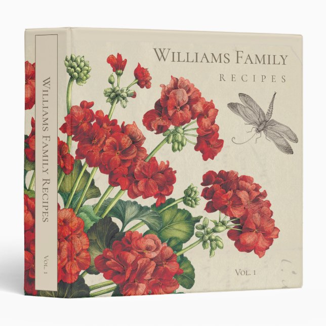 Vintage Geraniums Botanical Custom Recipe Binder (Front/Spine)