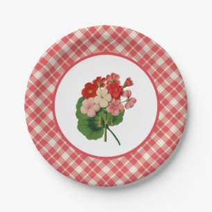 Vintage Geraniums With Coral Pink Plaid Paper Plate