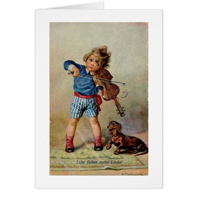 Vintage German - Boy with Violin & Dachshund, (Front)