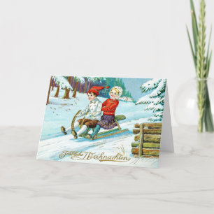 Vintage German Children Sledding Christmas Card