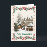 Vintage German Christmas market christmas Card<br><div class="desc">Step into the nostalgic charm of a traditional German Christmas market with this retro-inspired holiday scene. Twinkling string lights, timber-framed stalls, and snow-dusted rooftops set the stage for a magical evening filled with festive cheer. Children sip hot cocoa, couples stroll hand-in-hand, and the air is filled with the scent of...</div>