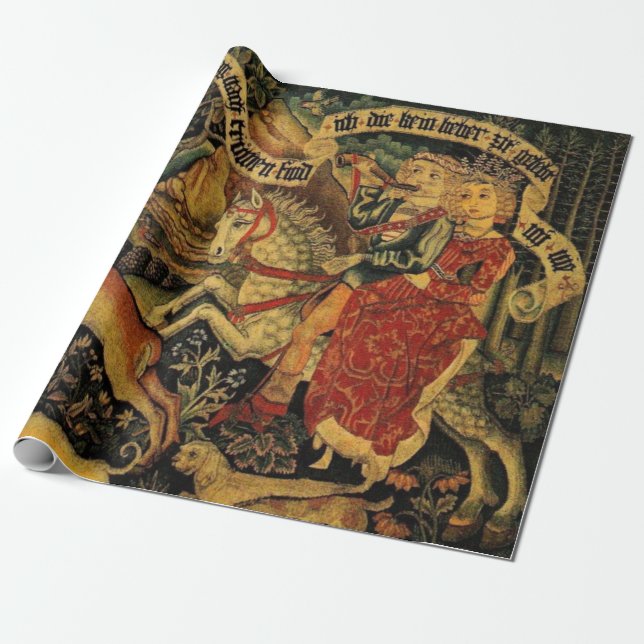 Vintage German Medieval Love Hunting Decoupage Wrapping Paper (Unrolled)