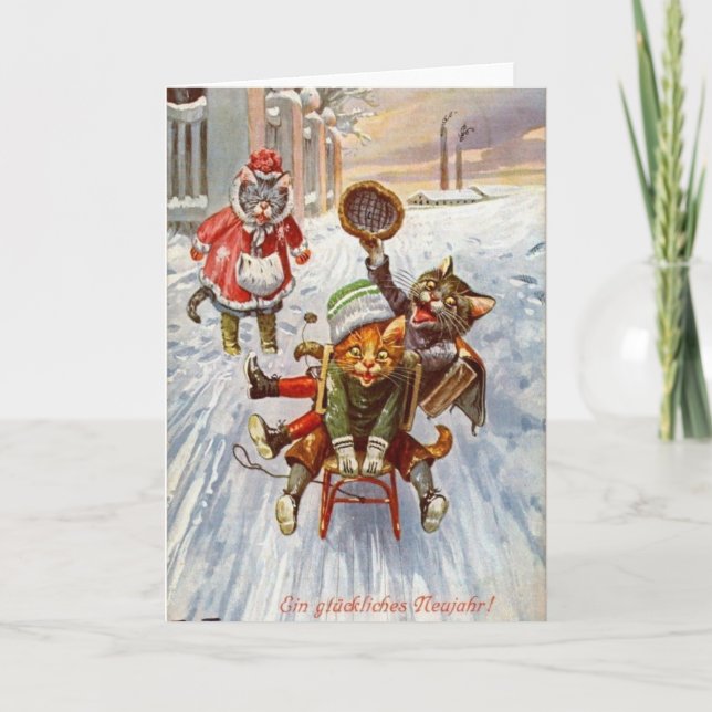 Vintage German - New Year Cats Sledding, Holiday Card (Front)