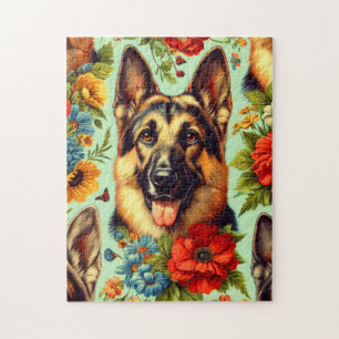 Vintage German Shepherd Floral Jigsaw Puzzle