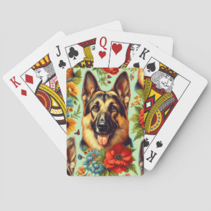 Vintage German Shepherd Floral Playing Cards