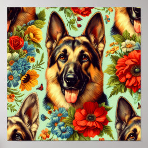 Vintage German Shepherd Floral Poster