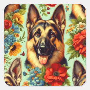 Vintage German Shepherd Floral Square Sticker