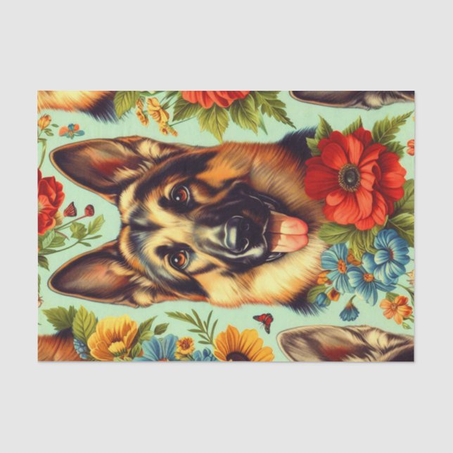 Vintage German Shepherd Floral Tissue Paper (Front)