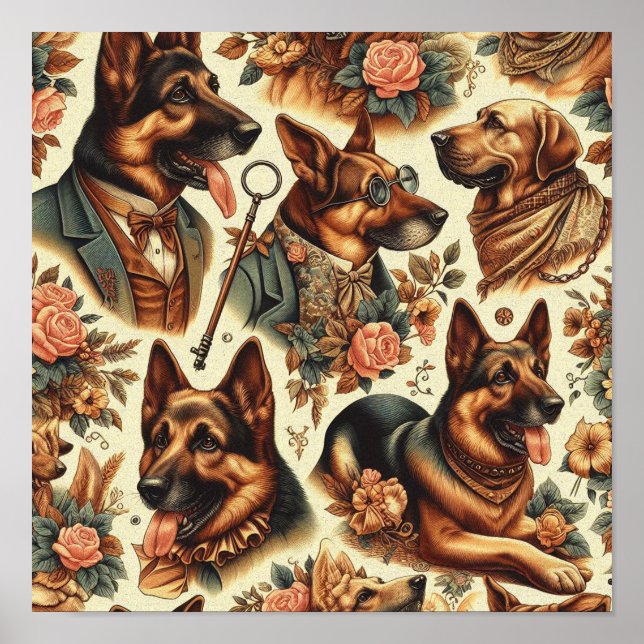 Vintage German Shepherd Illustration Poster (Front)