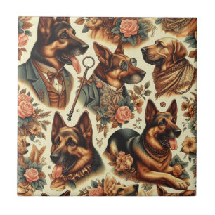 Vintage German Shepherd Illustration Tile