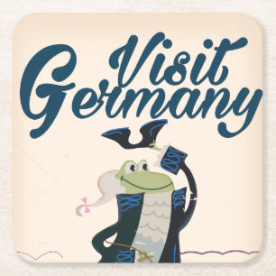 Vintage German travel poster cartoon Square Paper Coaster