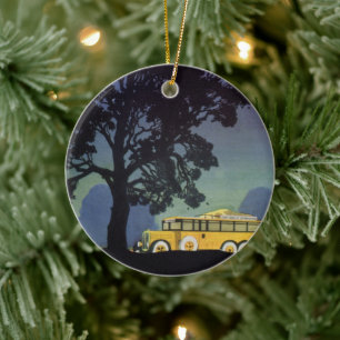 Vintage Germany, Yellow Bus at Night, Travel Art Ceramic Ornament