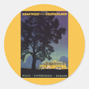 Vintage Germany, Yellow Bus at Night, Travel Art Classic Round Sticker