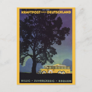 Vintage Germany, Yellow Bus at Night, Travel Art Postcard