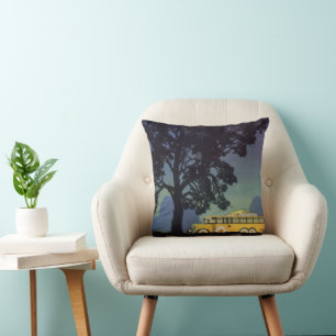 Vintage Germany, Yellow Bus at Night, Travel Art Throw Pillow