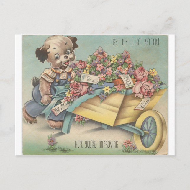 Vintage Get Well Dog With Wheelbarrow Postcard (Front)