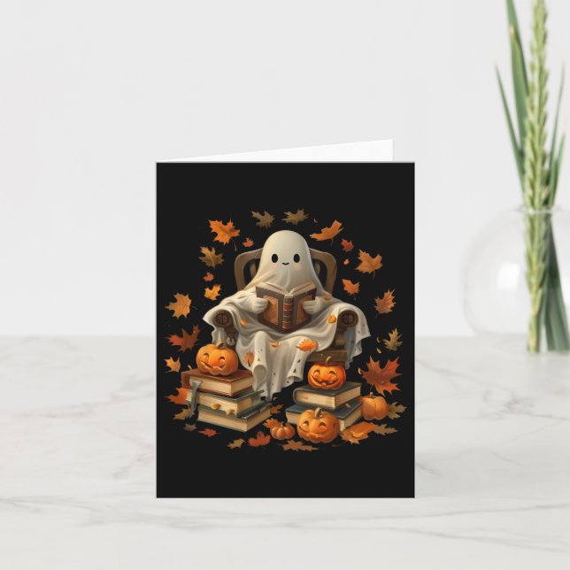 Vintage Ghost Book Reading Pumpkin Gothic Hallowee Card (Front)