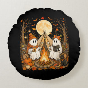 Vintage Ghost Campfire Camping Autumn Halloween Round Pillow