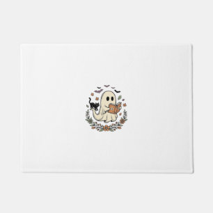 Vintage Ghost Cat Halloween Floral Vector Design_1 Doormat
