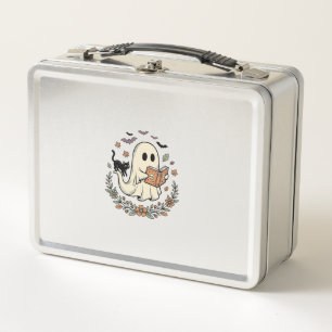 Vintage Ghost Cat Halloween Floral Vector Design_1 Metal Lunch Box
