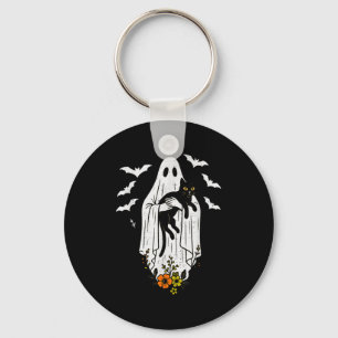 Vintage Ghost Holding Cat Halloween Kitty Meow Cat Keychain