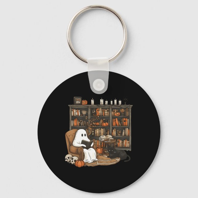 Vintage Ghost Reading Book Lovers Library Hallowee Keychain (Front)