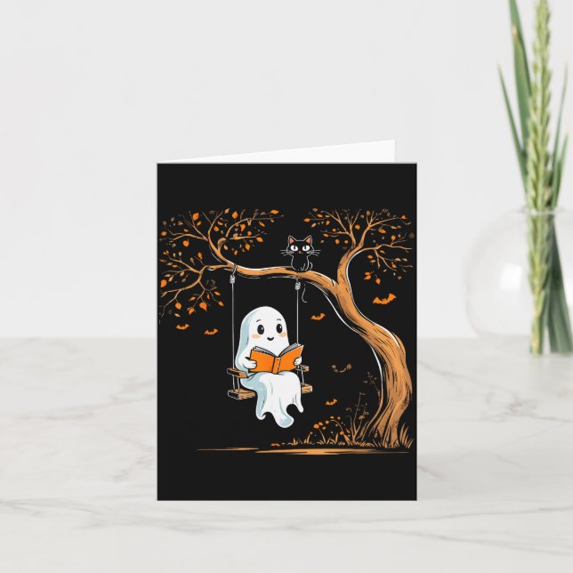 Vintage Ghost Swing Reading Book Swinging Hallowee Card (Front)