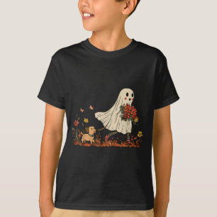 Vintage Ghost Walking Dog Floral Halloween Dog T-Shirt