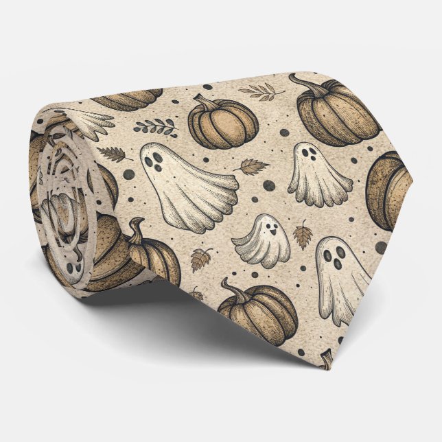 Vintage Ghosts & Pumpkins Halloween Pattern (2) Tie (Rolled)