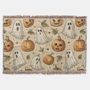 Vintage Ghosts & Pumpkins Halloween Pattern Throw Blanket
