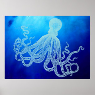 Vintage Giant Octopus in Deep Blue Ocean Poster