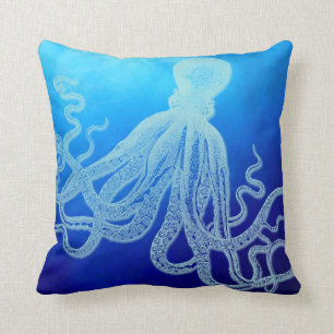 Vintage Giant Octopus in Deep Blue Ocean Throw Pillow