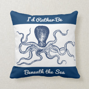 Vintage Giant Octopus Scuba Diver Blue and White Throw Pillow