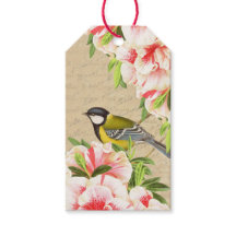 Vintage gift tags with bird and pink flowers