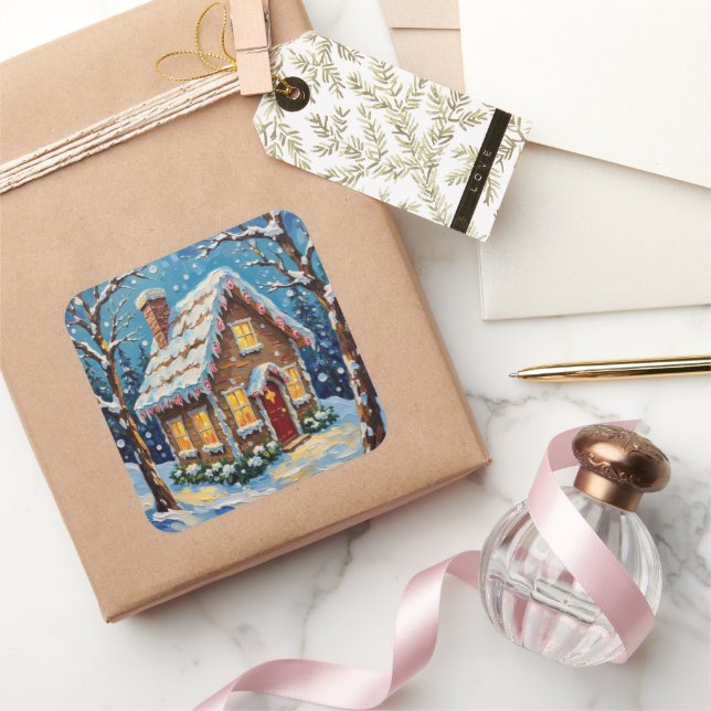 Vintage Gingerbread House in Enchanted Winter Square Sticker (Gifting)