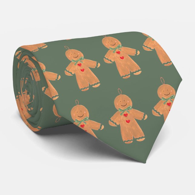 Vintage Gingerbread man Christmas Sage Green Tie (Rolled)
